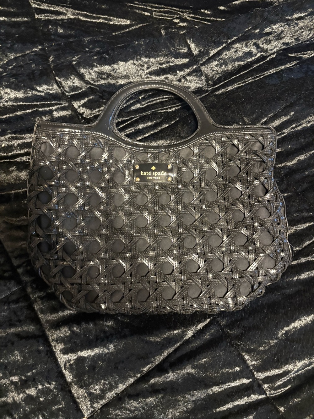 kate spade black woven tote with top handles